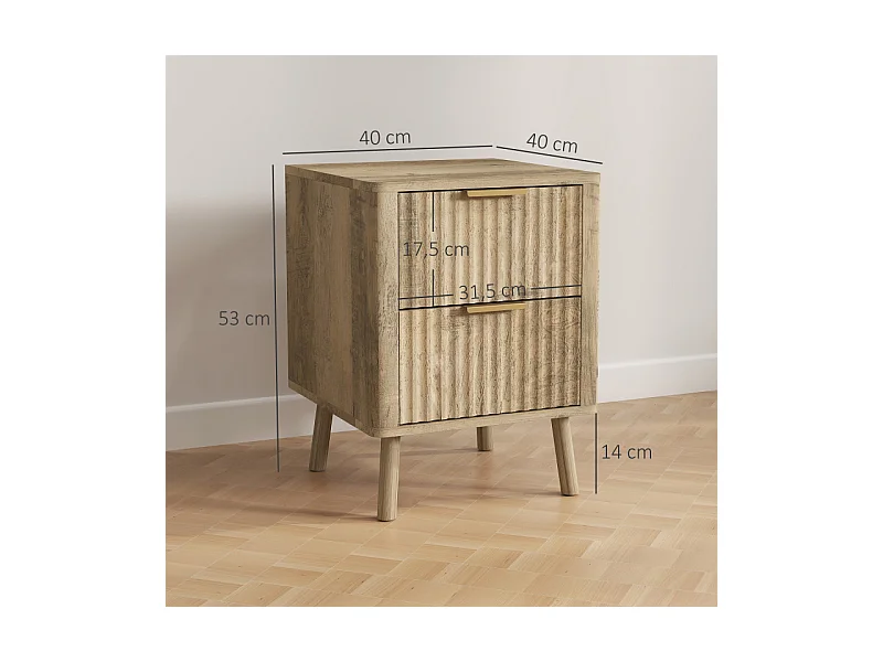 Lot de 2 chevets 2 tiroirs cannelés NORIA effet bois de chêne