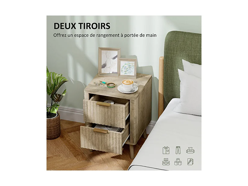 Lot de 2 chevets 2 tiroirs cannelés NORIA effet bois de chêne
