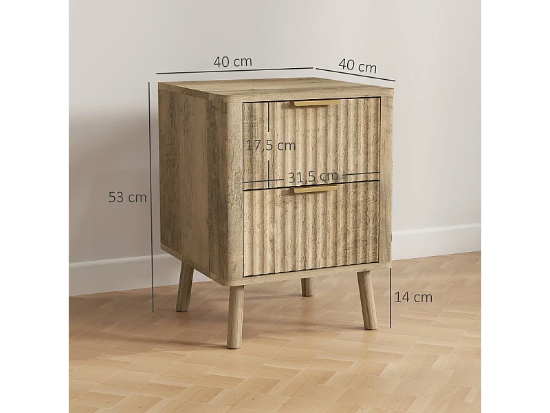 Lot de 2 chevets 2 tiroirs cannelés NORIA effet bois de chêne