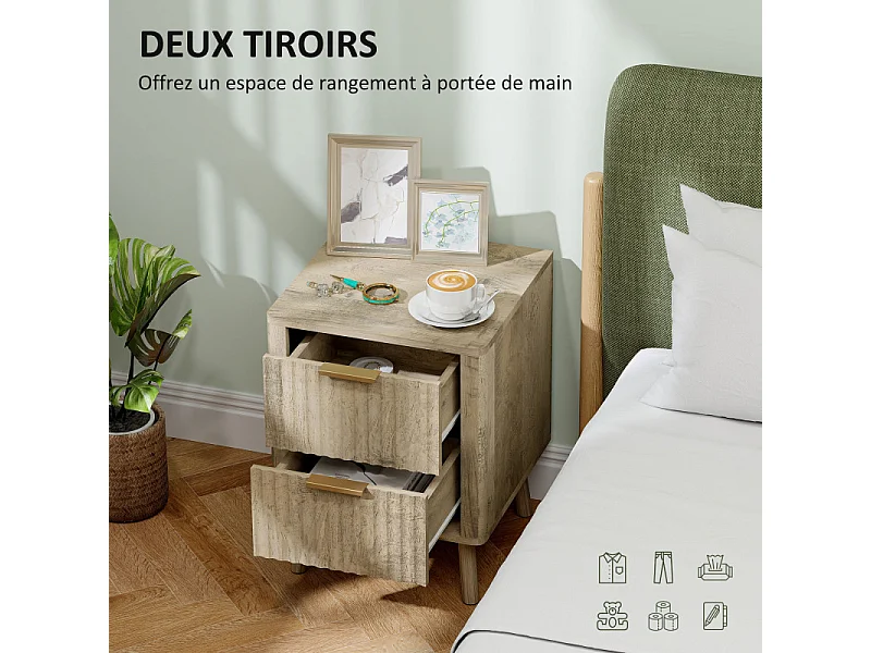 Lot de 2 chevets 2 tiroirs cannelés NORIA effet bois de chêne