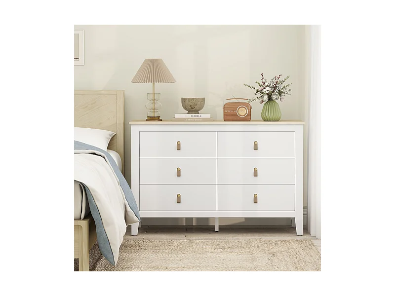 Commode sur pieds 6 tiroirs HUNTER effet bois clair et blanc