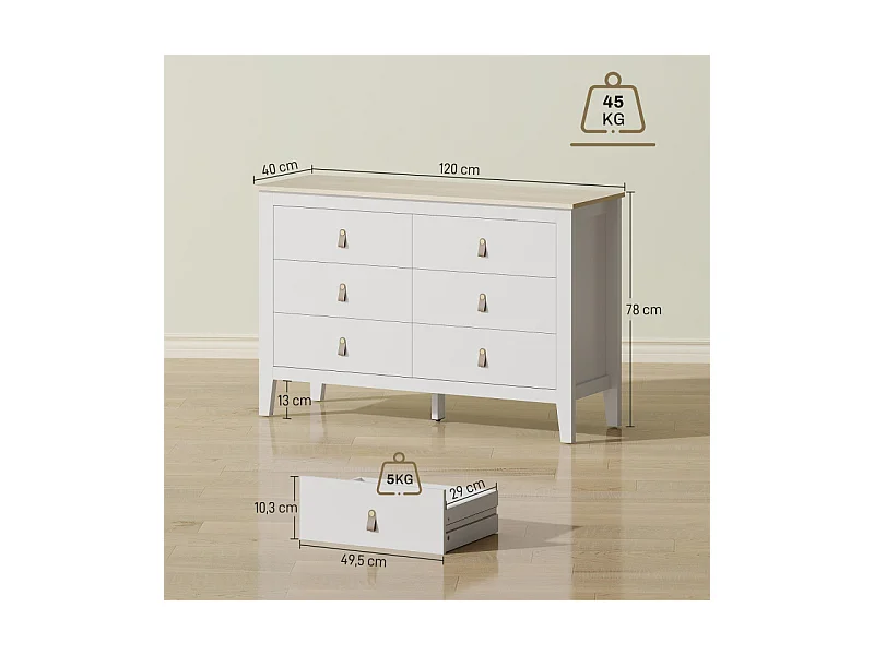 Commode sur pieds 6 tiroirs HUNTER effet bois clair et blanc