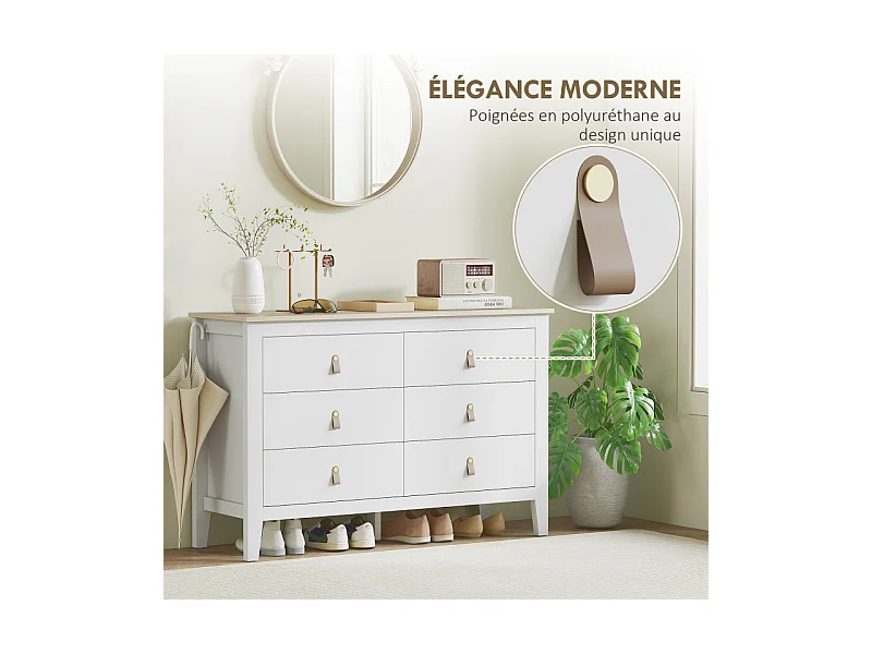 Commode sur pieds 6 tiroirs HUNTER effet bois clair et blanc