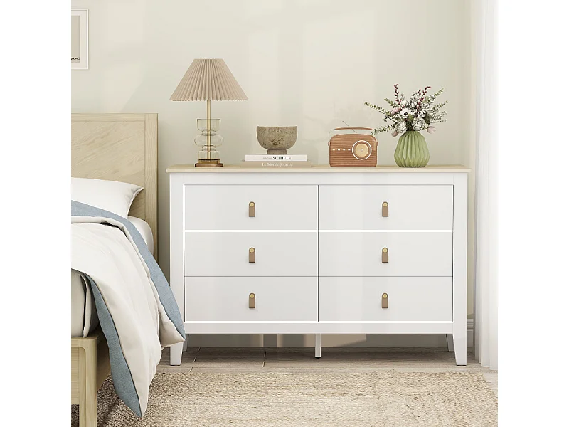 Commode sur pieds 6 tiroirs HUNTER effet bois clair et blanc