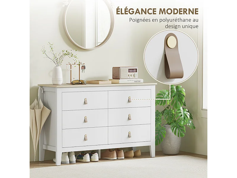 Commode sur pieds 6 tiroirs HUNTER effet bois clair et blanc