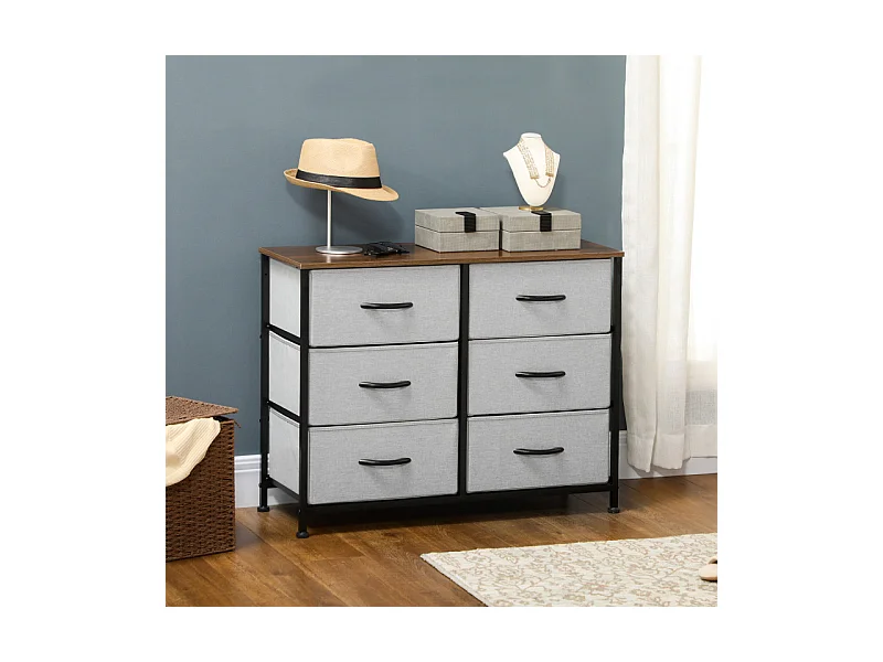 Commode 6 tiroirs pliables ELLIOT aspect bois, noire et grise