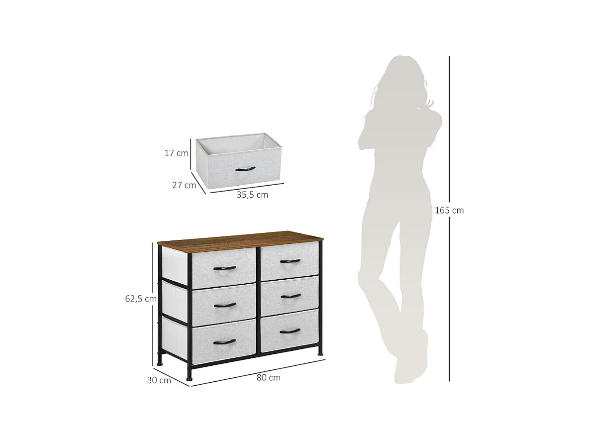 Commode 6 tiroirs pliables ELLIOT aspect bois, noire et grise