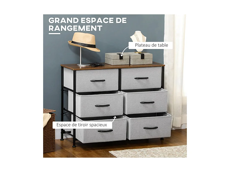 Commode 6 tiroirs pliables ELLIOT aspect bois, noire et grise