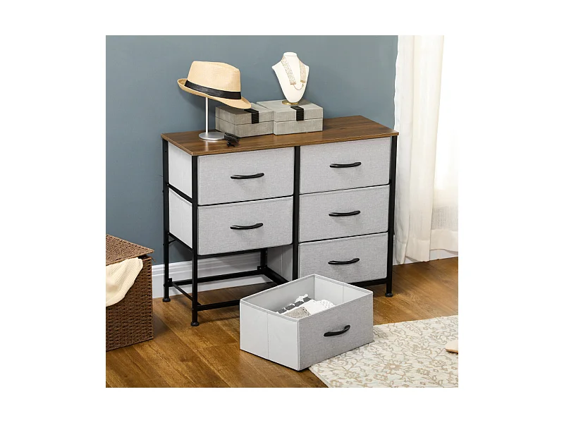 Commode 6 tiroirs pliables ELLIOT aspect bois, noire et grise