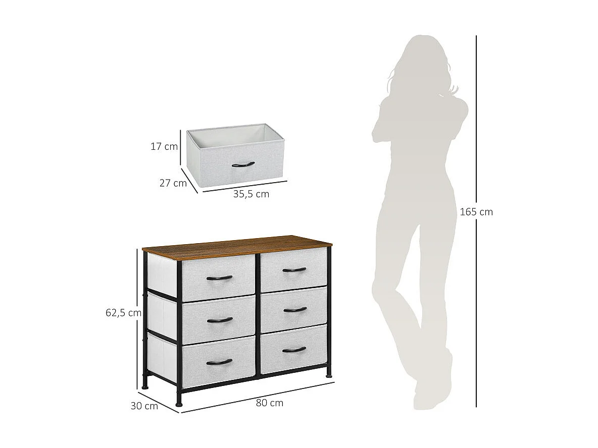 Commode 6 tiroirs pliables ELLIOT aspect bois, noire et grise