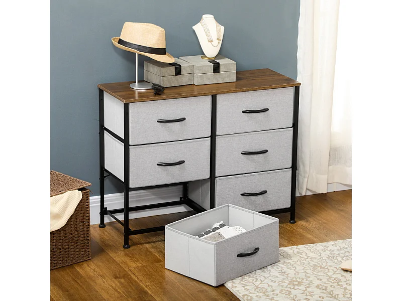 Commode 6 tiroirs pliables ELLIOT aspect bois, noire et grise