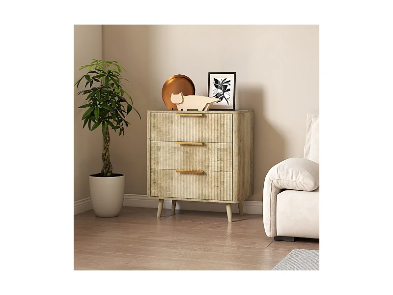 Commode 3 tiroirs cannelés AUTUMN aspect bois et doré