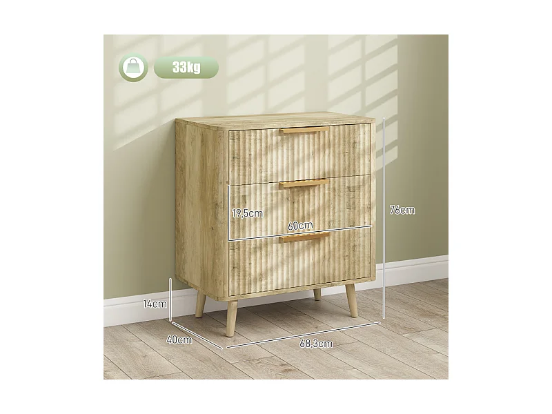 Commode 3 tiroirs cannelés AUTUMN aspect bois et doré