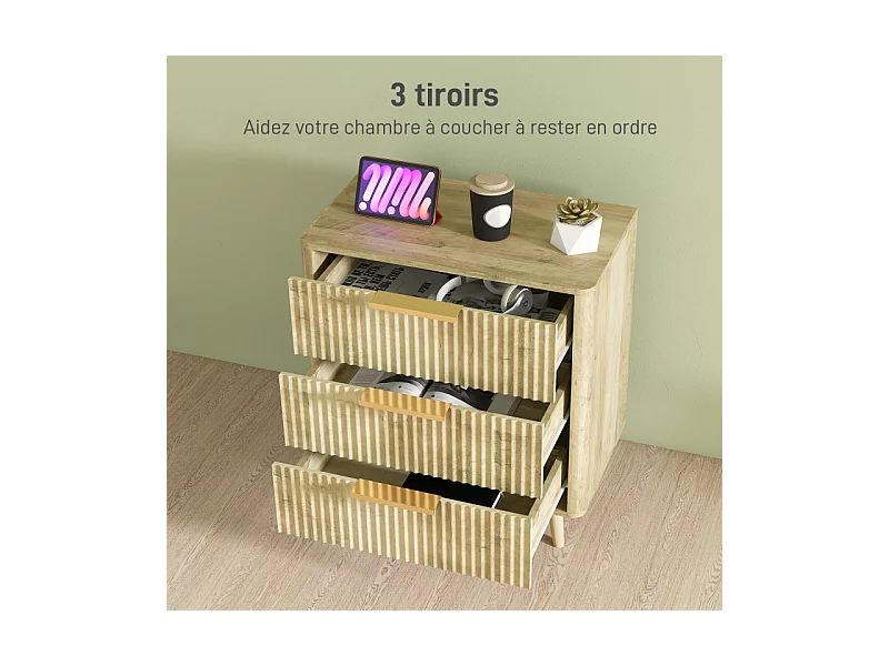 Commode 3 tiroirs cannelés AUTUMN aspect bois et doré