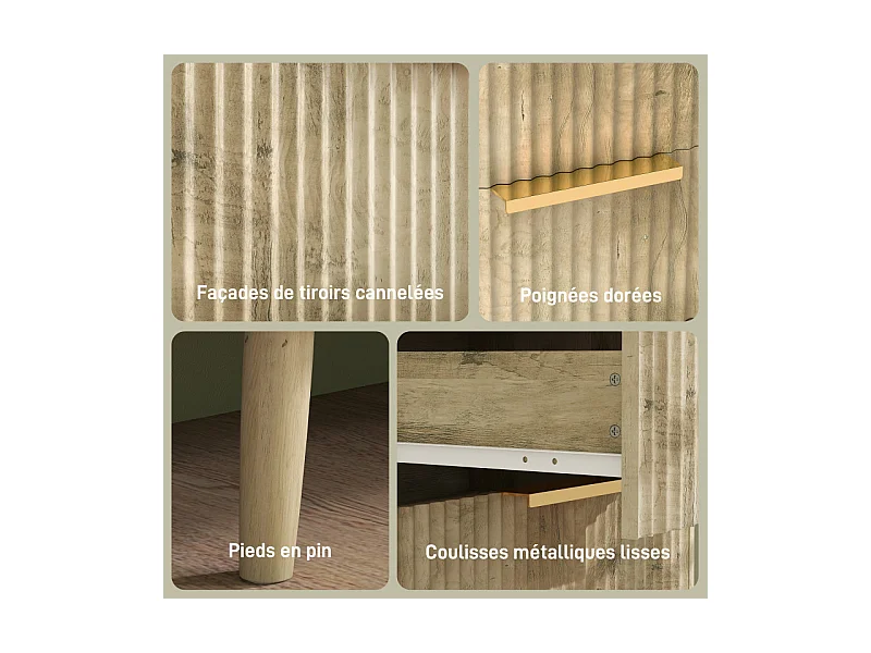 Commode 3 tiroirs cannelés AUTUMN aspect bois et doré