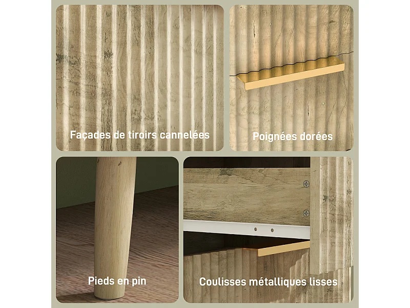 Commode 3 tiroirs cannelés AUTUMN aspect bois et doré