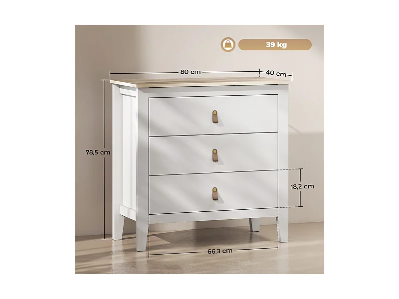 Commode 3 tiroirs LIAM effet bois blanc