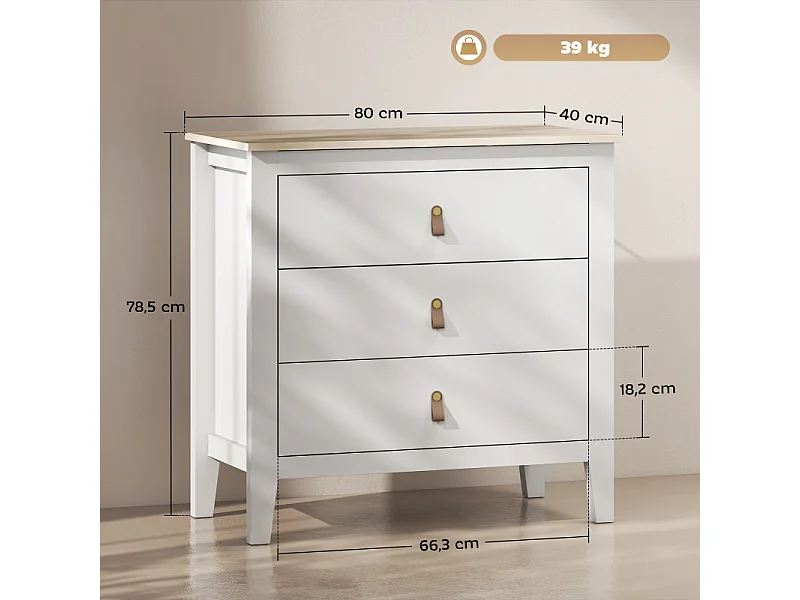 Commode 3 tiroirs LIAM effet bois blanc