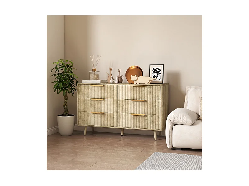 Commode 6 tiroirs cannelés ISLA aspect bois et doré