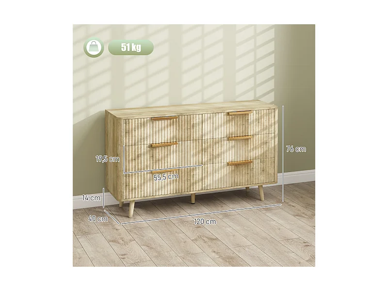 Commode 6 tiroirs cannelés ISLA aspect bois et doré