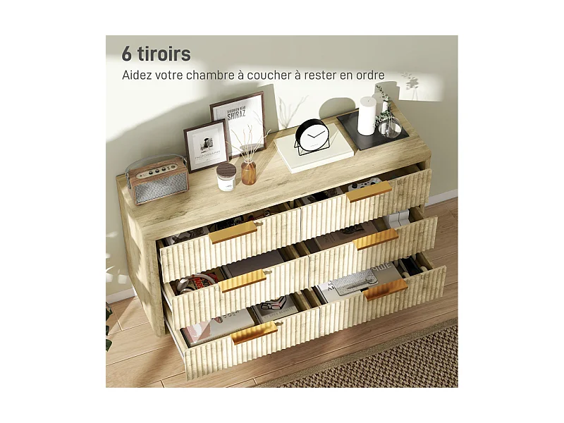 Commode 6 tiroirs cannelés ISLA aspect bois et doré
