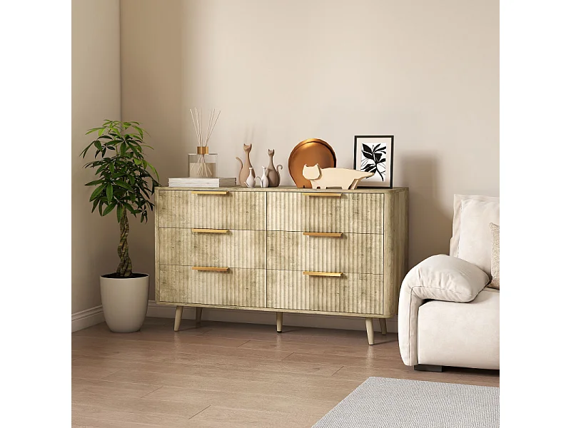 Commode 6 tiroirs cannelés ISLA aspect bois et doré