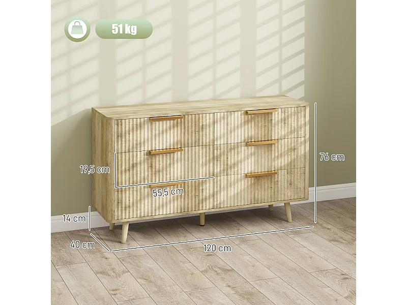 Commode 6 tiroirs cannelés ISLA aspect bois et doré