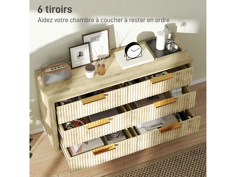Commode 6 tiroirs cannelés ISLA aspect bois et doré