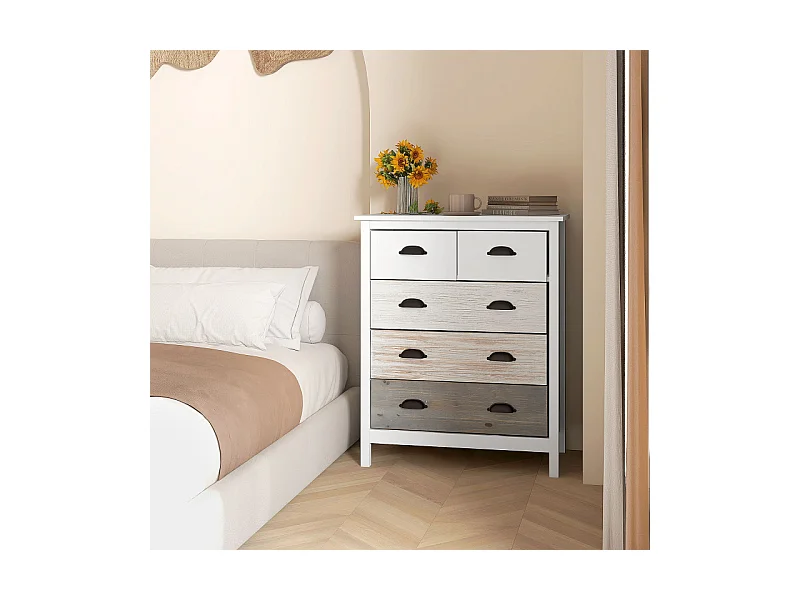 Commode 5 tiroirs style shabby EMILY beige et blanche