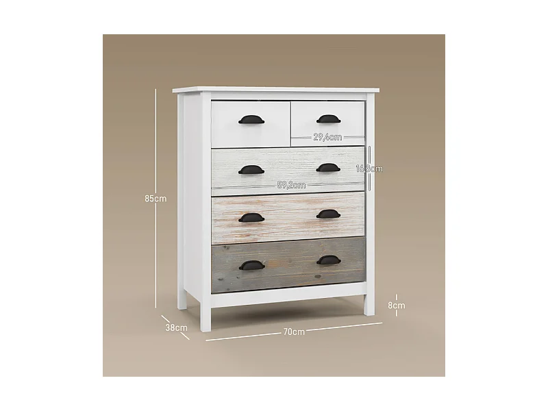 Commode 5 tiroirs style shabby EMILY beige et blanche