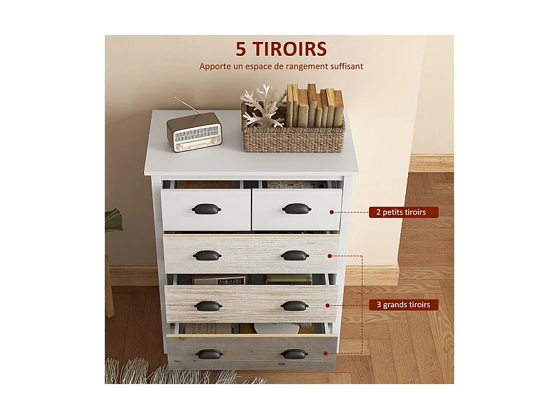 Commode 5 tiroirs style shabby EMILY beige et blanche
