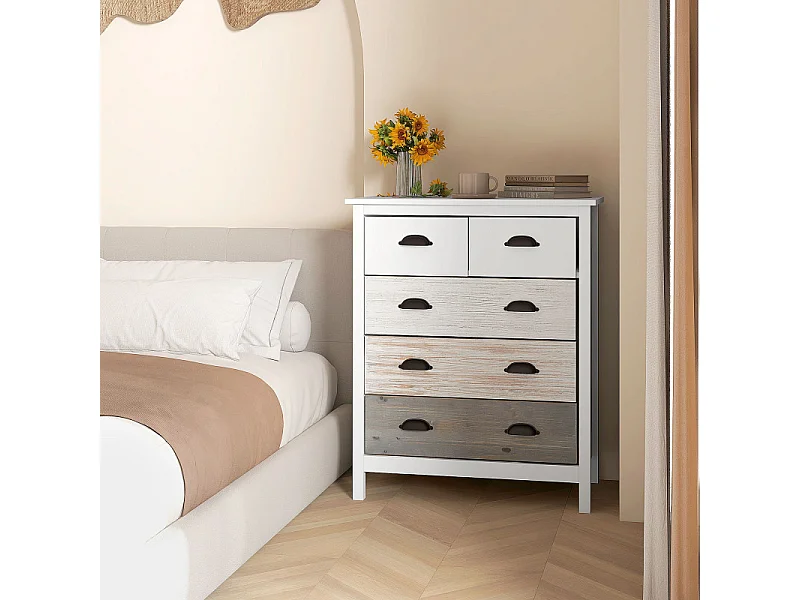 Commode 5 tiroirs style shabby EMILY beige et blanche