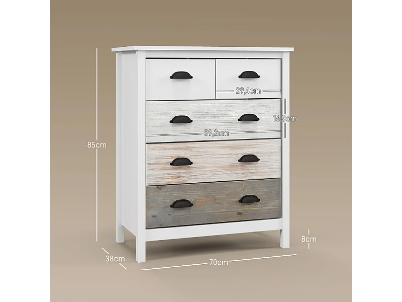 Commode 5 tiroirs style shabby EMILY beige et blanche