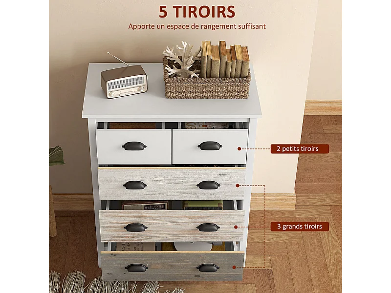 Commode 5 tiroirs style shabby EMILY beige et blanche