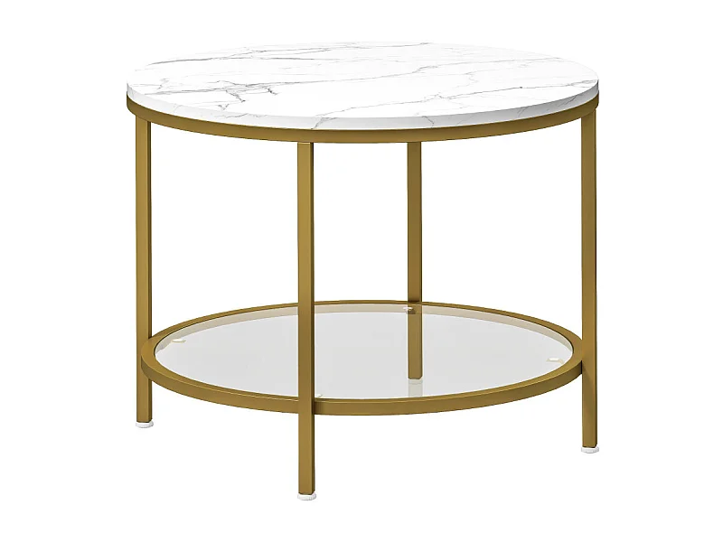 Table basse ronde étagère verre AURELIA effet marbre blanc et or