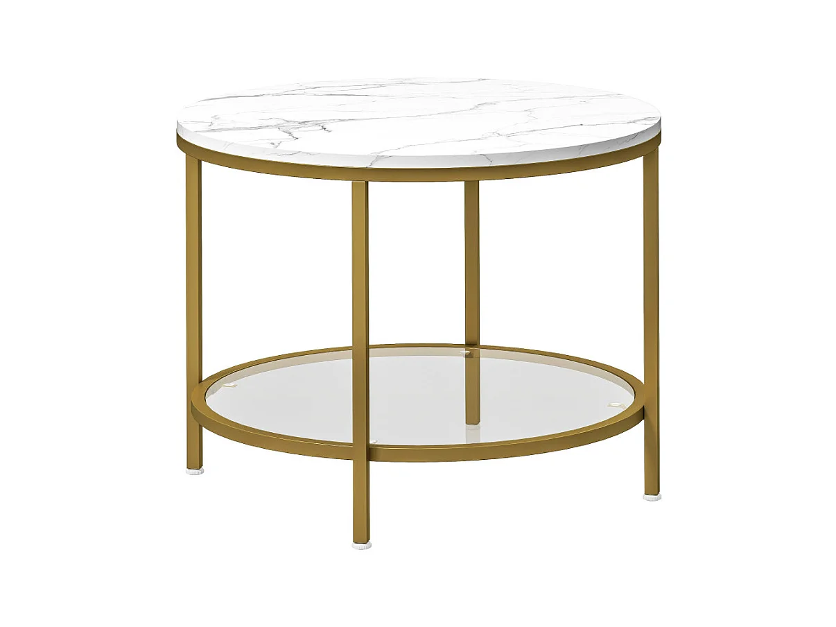 Table basse ronde étagère verre AURELIA effet marbre blanc et or
