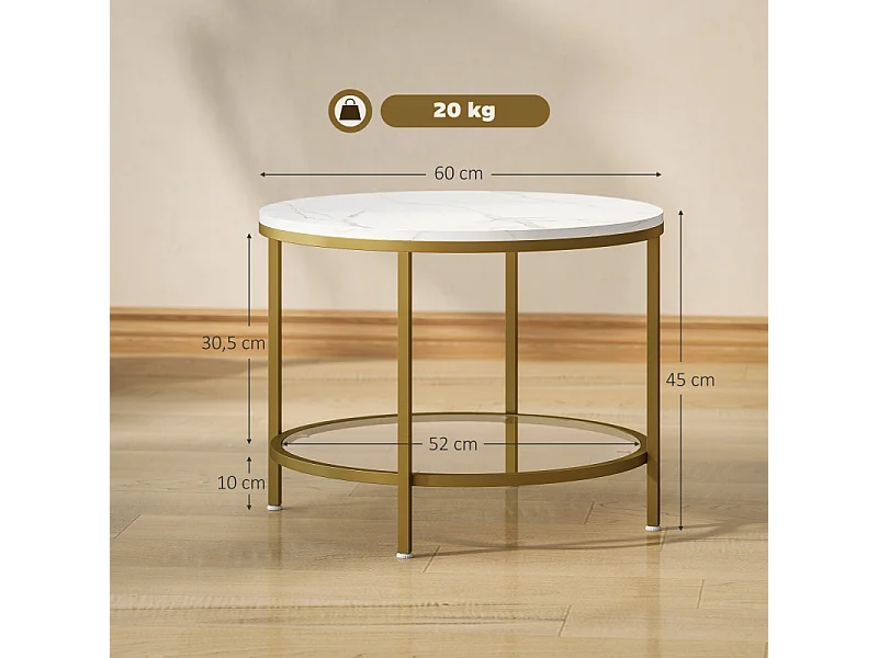 Table basse ronde étagère verre AURELIA effet marbre blanc et or