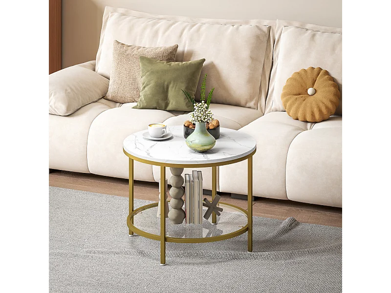 Table basse ronde étagère verre AURELIA effet marbre blanc et or