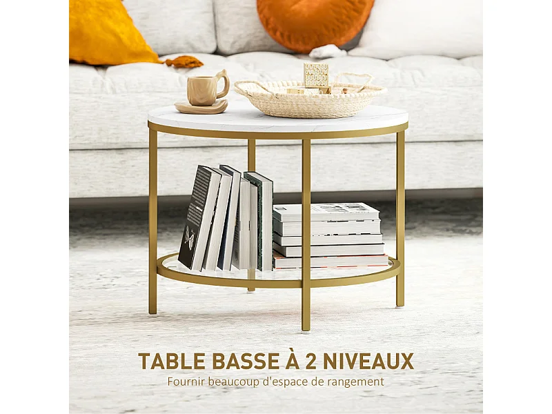 Table basse ronde étagère verre AURELIA effet marbre blanc et or