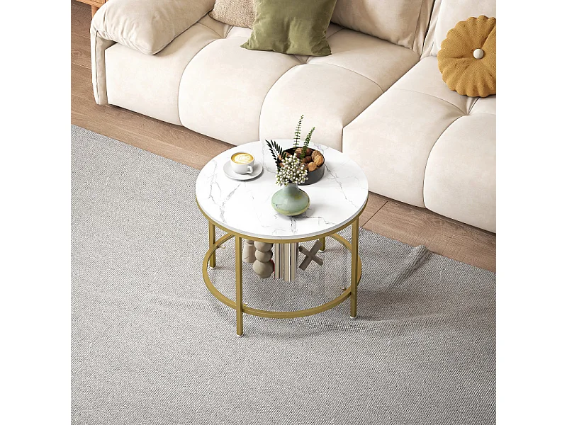 Table basse ronde étagère verre AURELIA effet marbre blanc et or