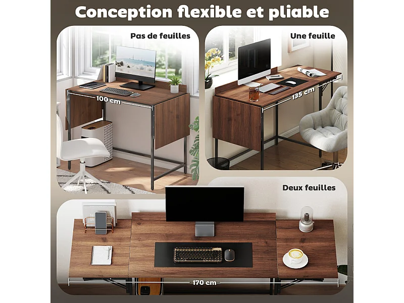 Bureau 2 rallonges pliables VELIA aspect noyer et noir