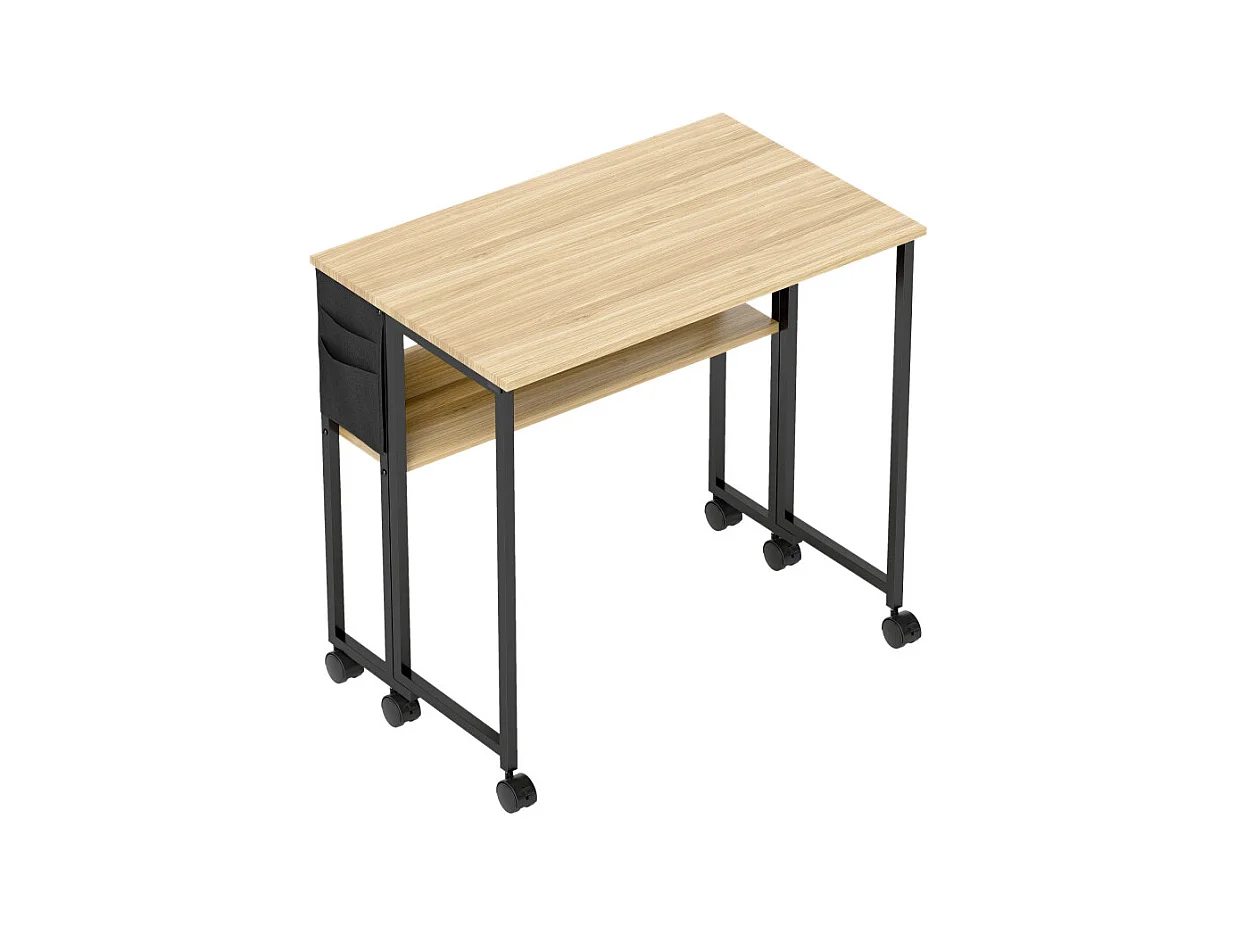 Bureau pliable à roulettes LENZA aspect chêne clair et noir