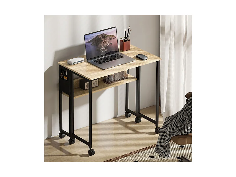 Bureau pliable à roulettes LENZA aspect chêne clair et noir