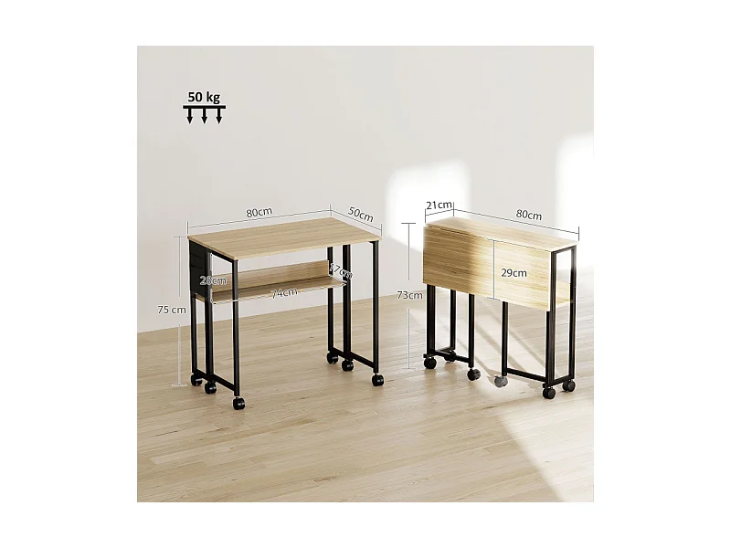 Bureau pliable à roulettes LENZA aspect chêne clair et noir