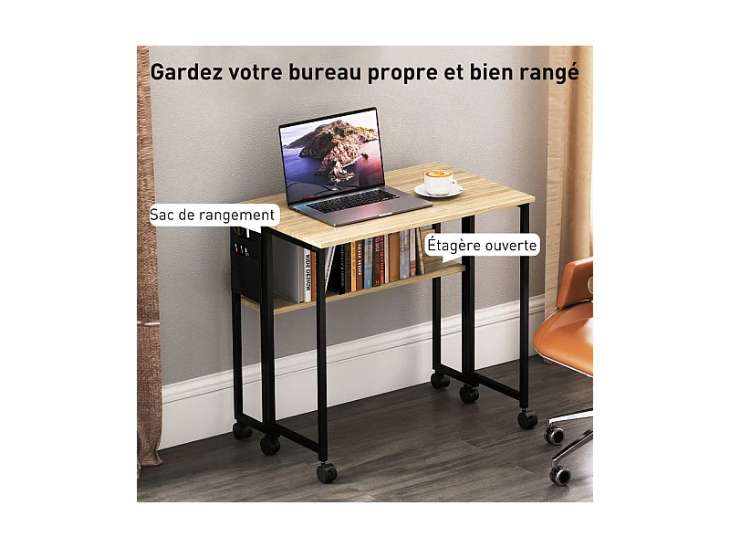 Bureau pliable à roulettes LENZA aspect chêne clair et noir