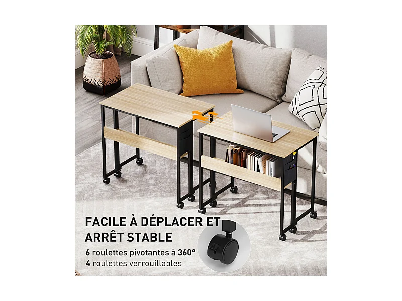 Bureau pliable à roulettes LENZA aspect chêne clair et noir