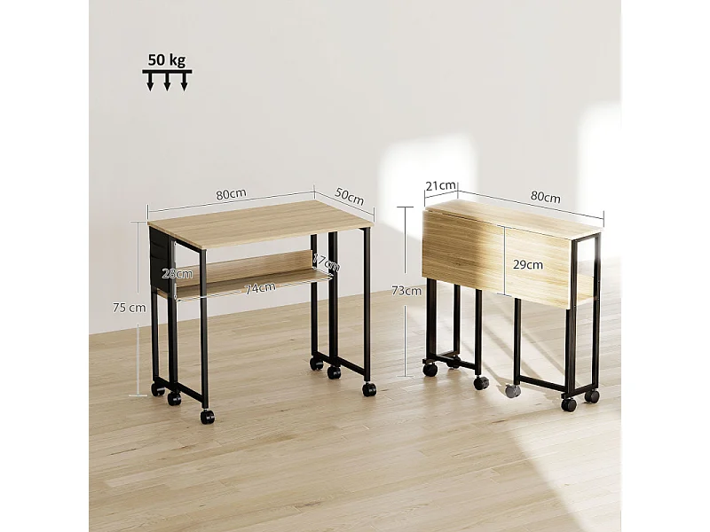 Bureau pliable à roulettes LENZA aspect chêne clair et noir