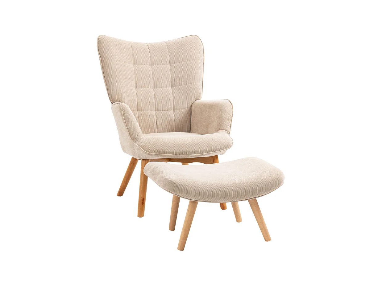 Fauteuil à oreilles et repose-pieds LEONIE velours beige