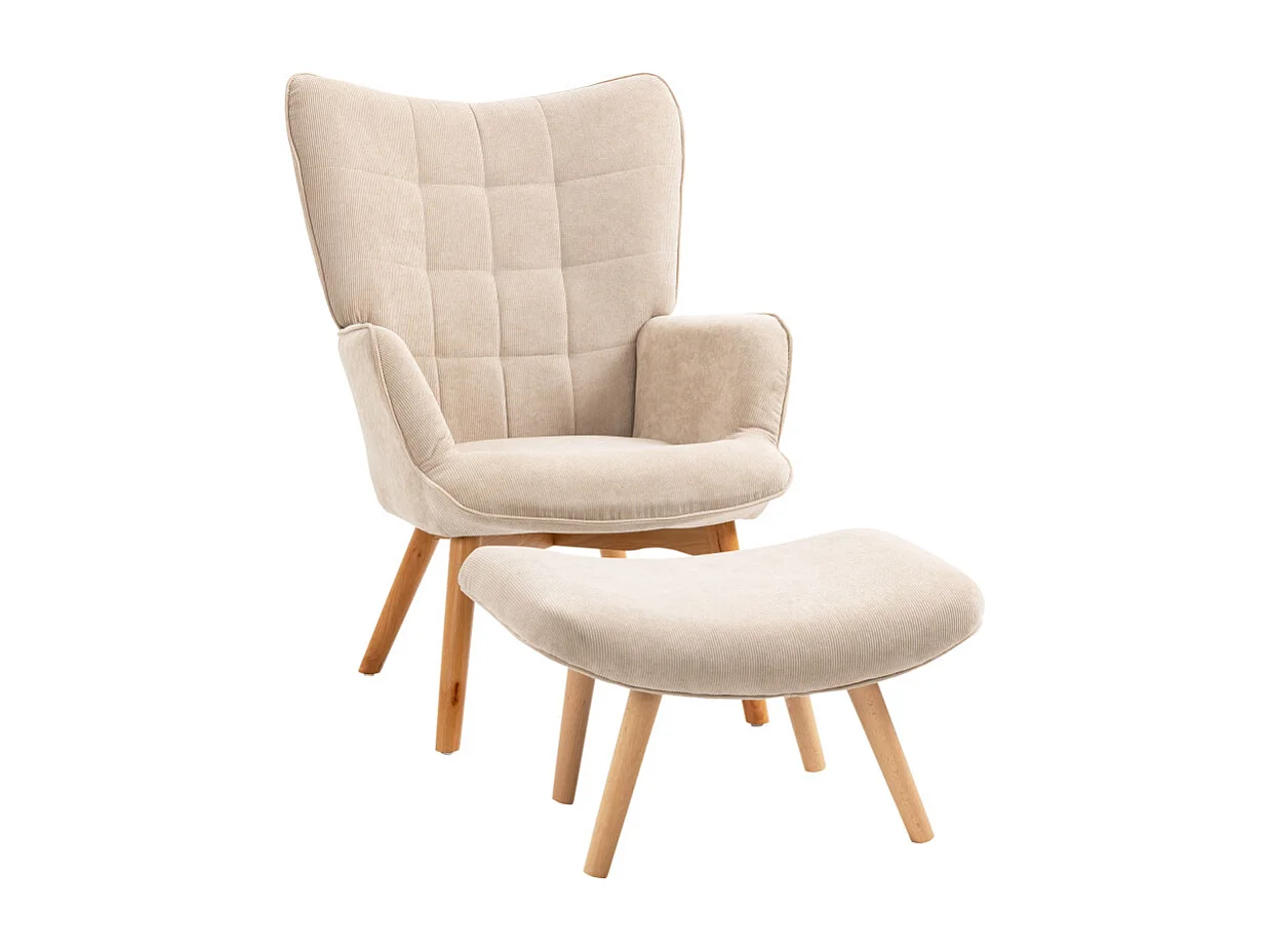 Fauteuil à oreilles et repose-pieds LEONIE velours beige