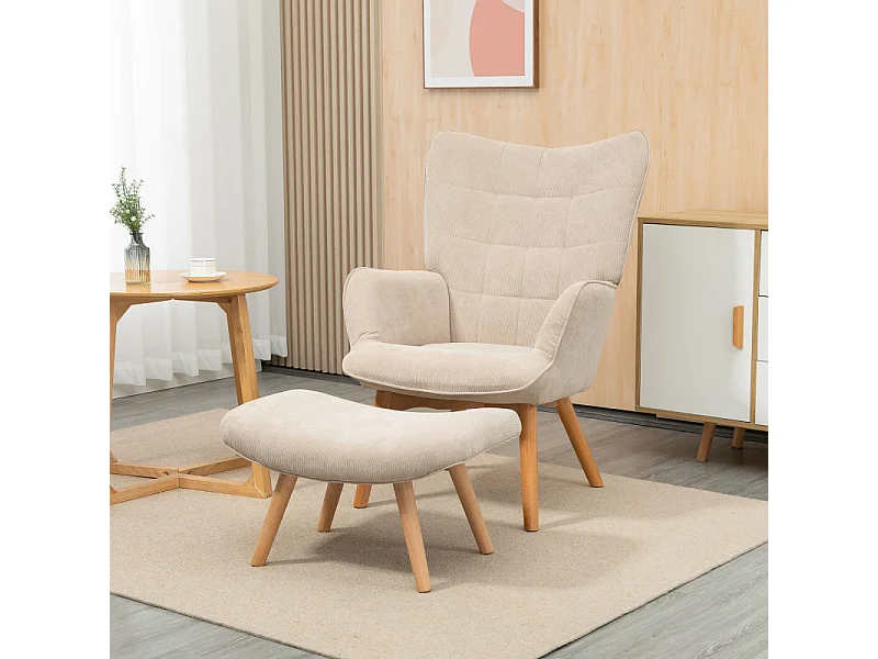 Fauteuil à oreilles et repose-pieds LEONIE velours beige
